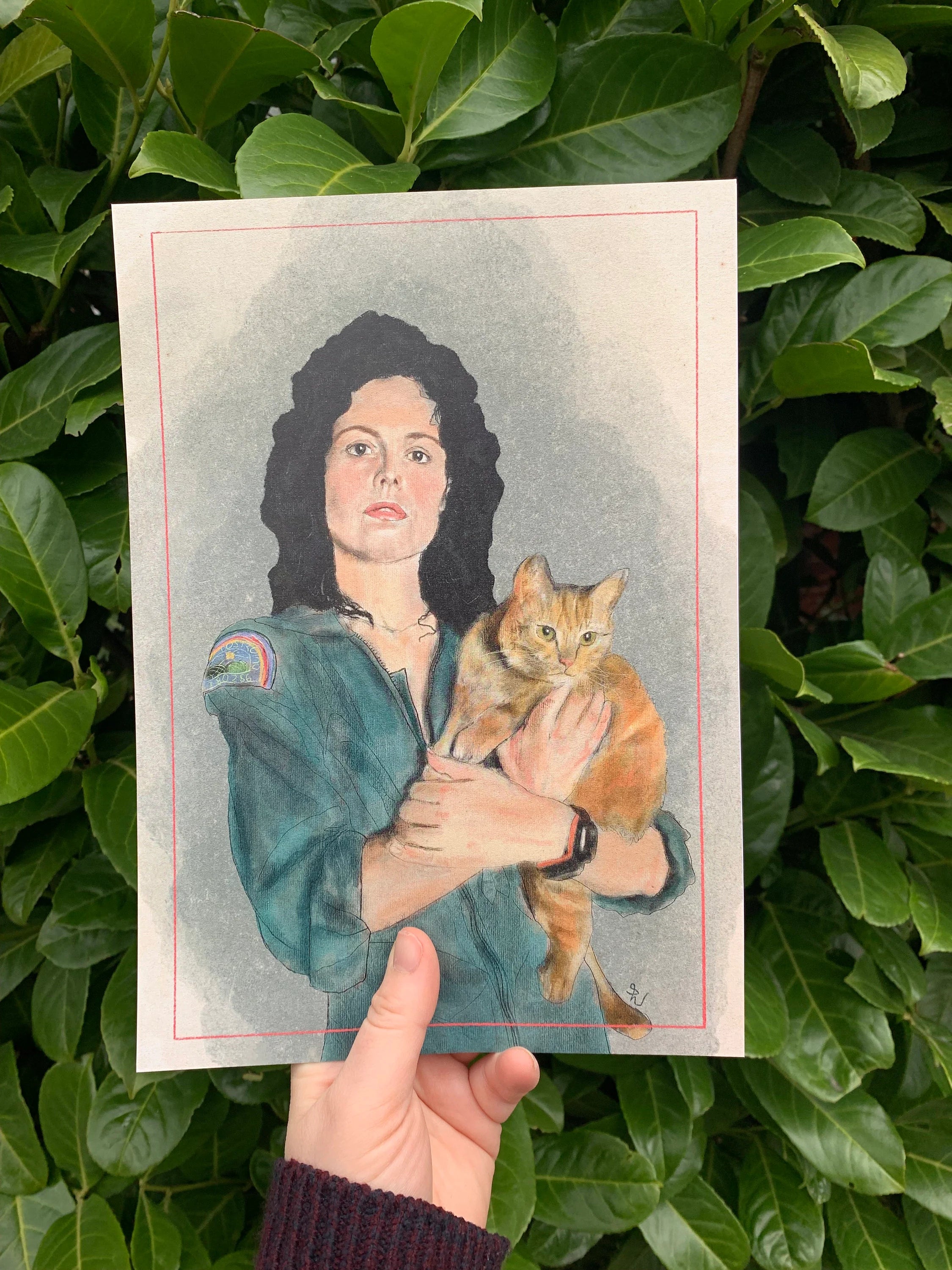 Art print of Ellen Ripley from Alien holding her cat Jonsey