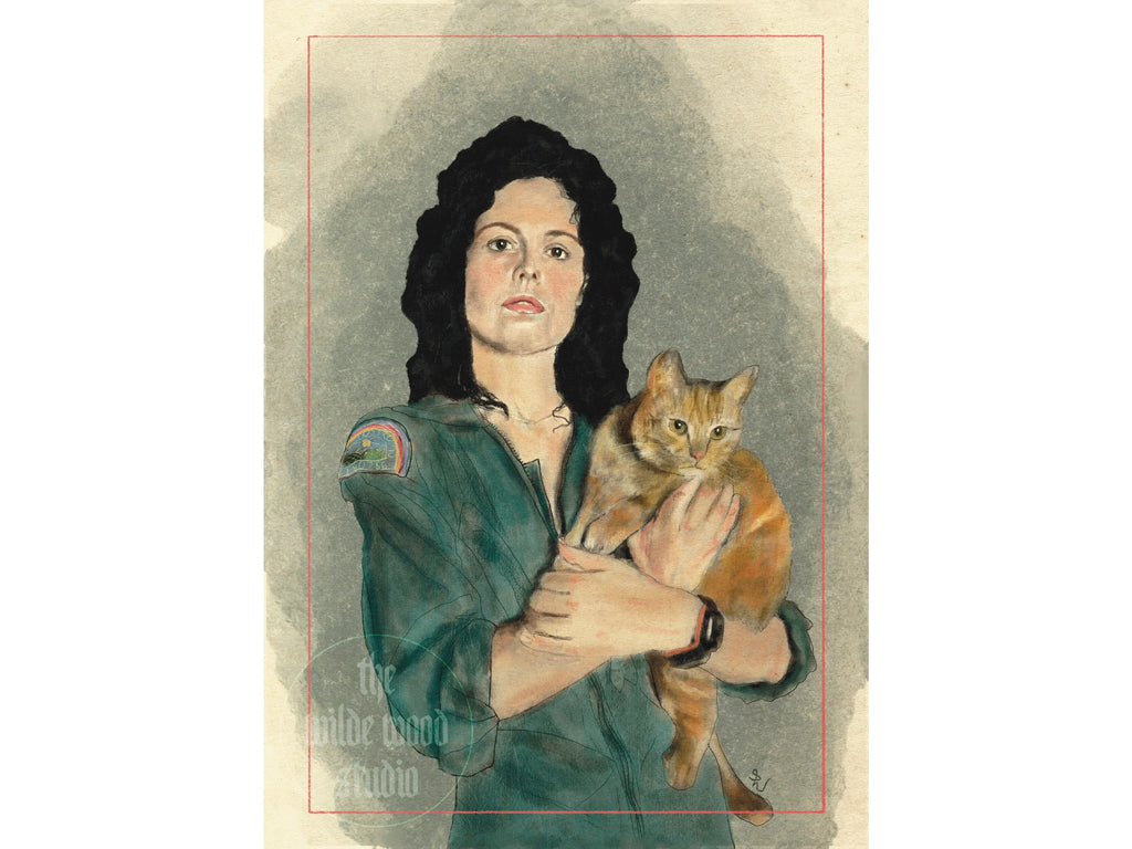 Art print of Ellen Ripley from Alien holding her cat Jonsey